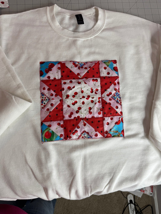 White Sweatshirt - Cherry quilt design